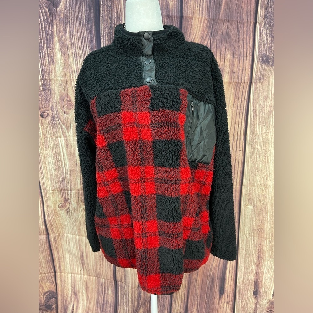 Seven7 red plaid Sherpa snap pullover top jacket women’s size M - Picture 2 of 14